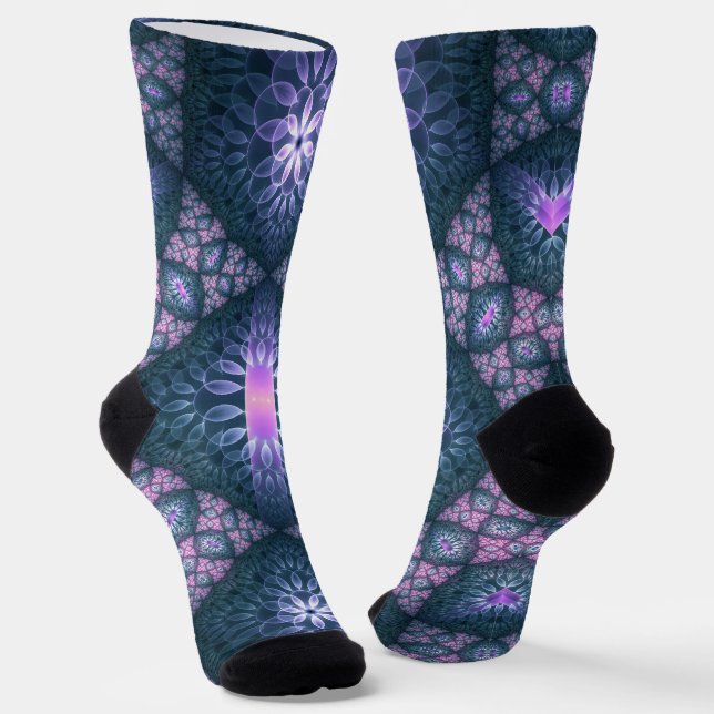 3D Fractal Art Pattern Turquoise Purple Pink Socks (Angled)