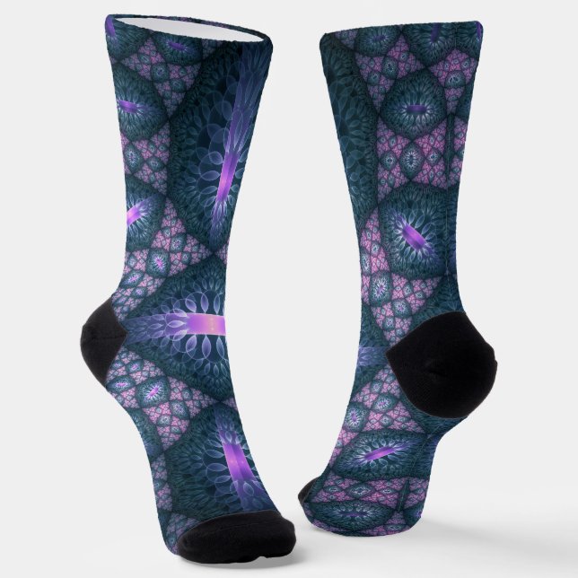 3D Fractal Art Pattern Turquoise Purple Pink Socks (Angled)