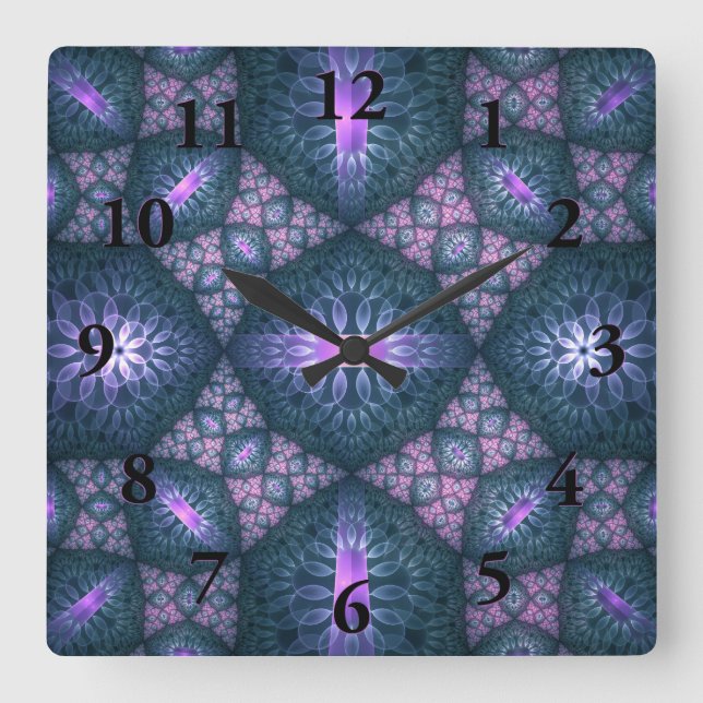 3D Fractal Art Pattern Turquoise Purple Pink Square Wall Clock (Front)