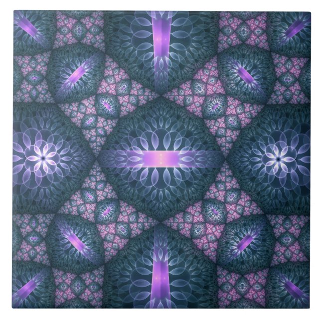 3D Fractal Art Pattern Turquoise Purple Pink Tile (Front)