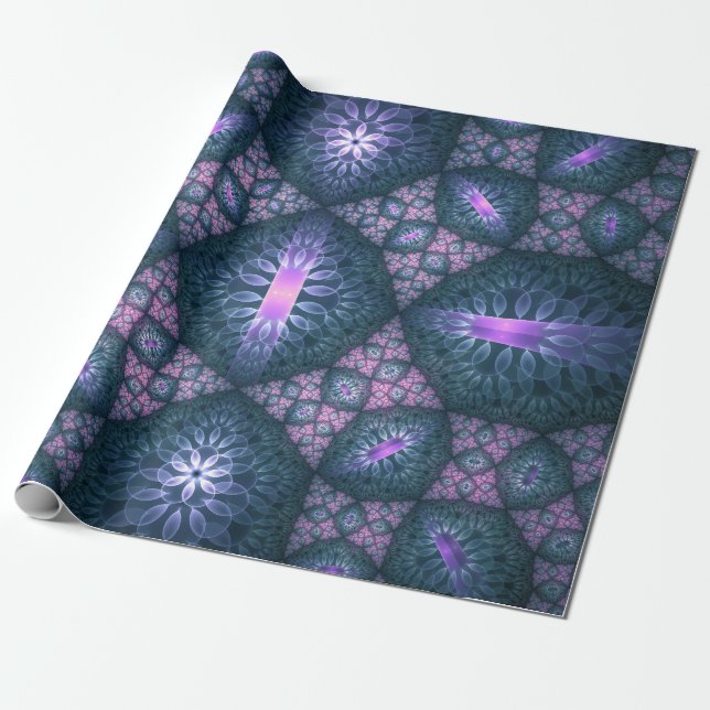 3D Fractal Art Pattern Turquoise Purple Pink Wrapping Paper (Unrolled)