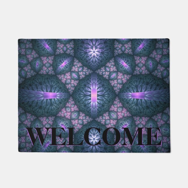 3D Fractal Pattern Turquoise Purple Pink Welcome Doormat (Front)