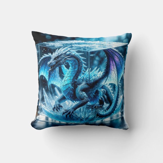 3D Frozen Dragon Encased in Ice Cube Throw Pillow (Front)