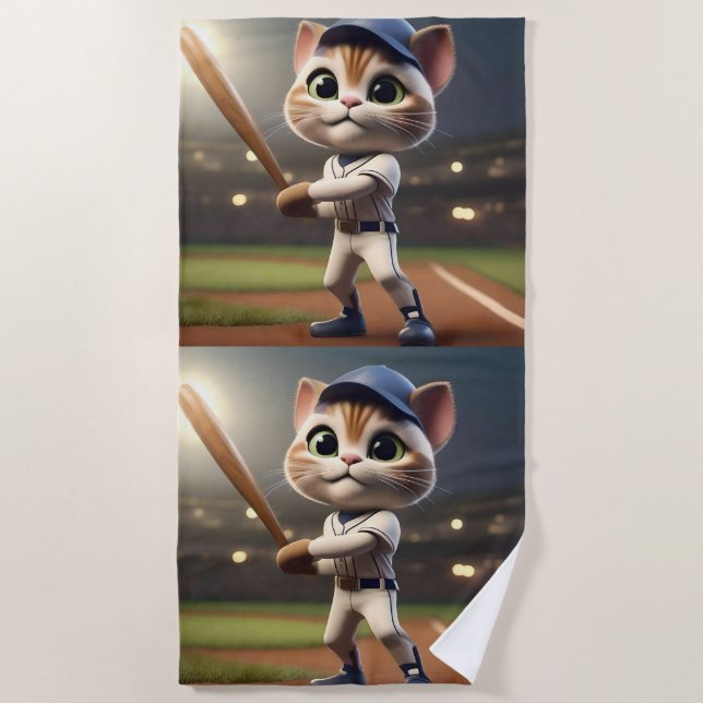 3D Funny Baseball Cat,  Beach Towel (Front)
