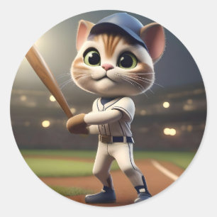 3D Funny Baseball Cat, Classic Round Sticker