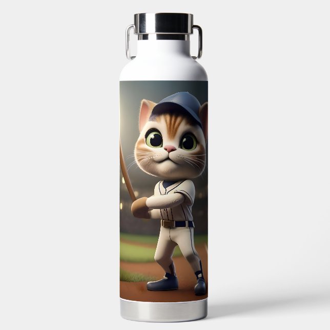3D Funny Baseball Cat,  Water Bottle (Front)