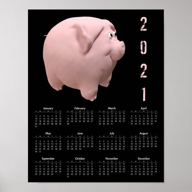 3D Funny Pig 1 Black Calendar Poster 2021 (Front)