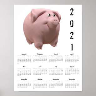 3D Funny Pig 2 White Calendar Poster 2021