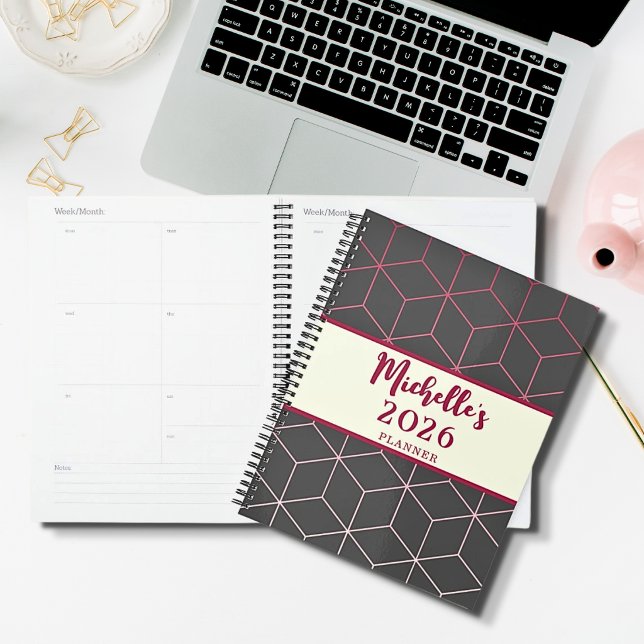 3D Geometric Cube Pattern Gray Pink Journal Spiral Planner (Personalized Name and Year Spiral Notebook Planner Journal 3D Geometric Pattern in Pink and Gray )