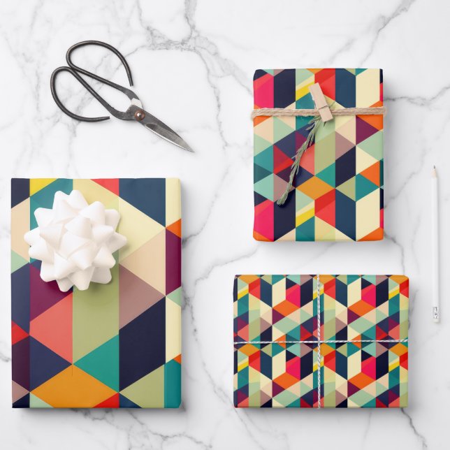 3D Geometric Pattern RETRO Chic Mid Century Modern Wrapping Paper Sheet (Front)