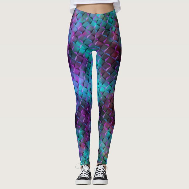 3D geometric shapes, stained pink to bluish lilac Leggings (Front)