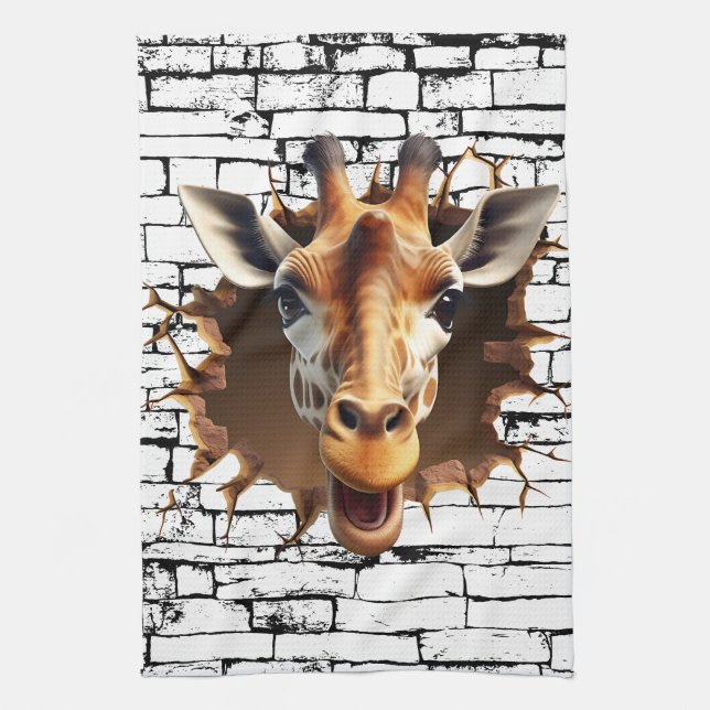 3D Giraffe Wall Break Art – Realistic Safari Kitchen Towel (Vertical)