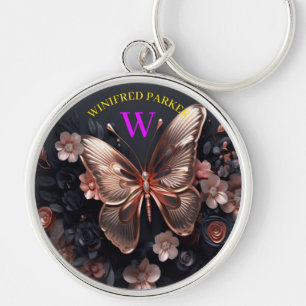3D Gold Butterflies Elegant Purple Custom Monogram Keychain