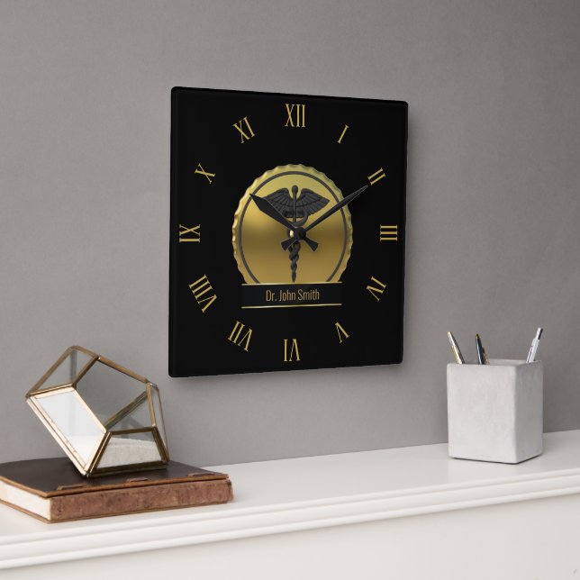 3D Gold Medical Caduceus Professional Emblem Square Wall Clock (Office)