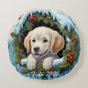 3D Golder Retriever Puppy Christ Wreath Round Pillow