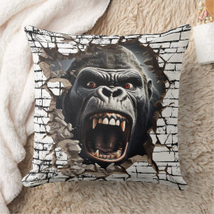 3D Gorilla Wall Break Art – Realistic Safari Throw Pillow