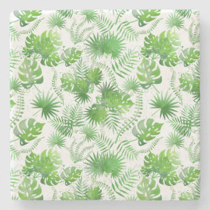3D Green Leaves Pattern 01A Blue BG Stone Coaster