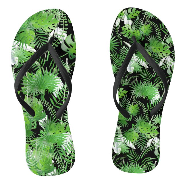 3D Green Leaves Pattern 01x4 Black BG Flip Flops (Footbed)