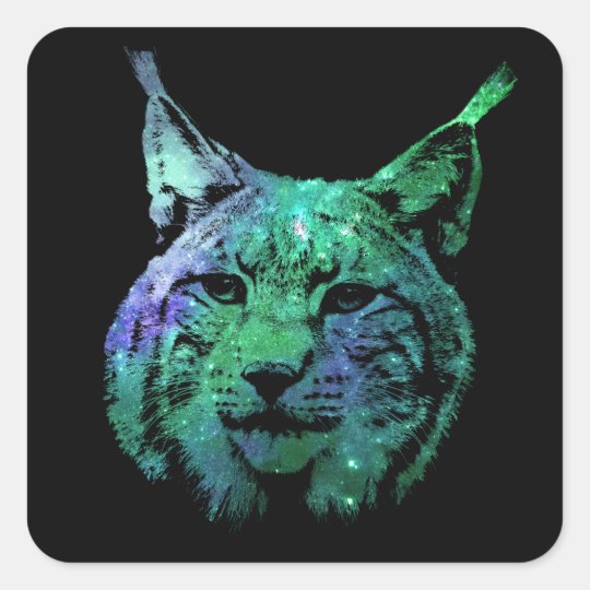 3D green purple Galaxy Lynx | cosmic Wild Cat Square Sticker