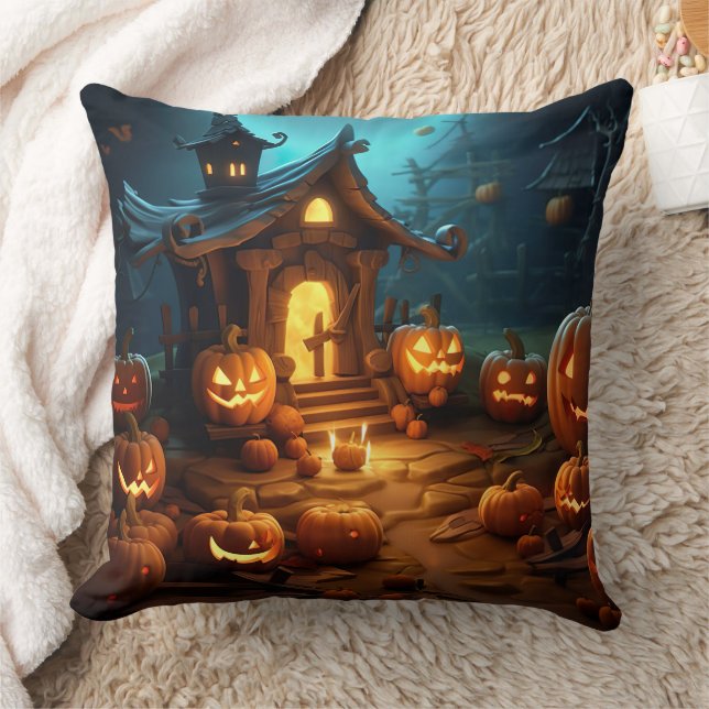 3d Halloween Pumpkin Haunted house Throw Pillow (Blanket)