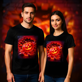 3d Halloween Red Pumpkin In a Hole In The Wall T-Shirt