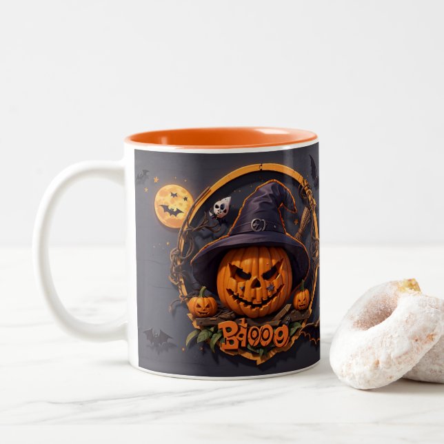 3D Halloween Scene with Pumpkin, Skull, Witch, Boo Two-Tone Coffee Mug (With Donut)