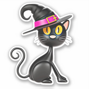 3D Illusion Black Cat with Purple Band Witch Hat 
