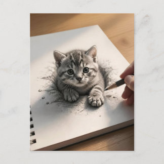 3D Illusion Tabby Kitten Pencil Drawing Postcard