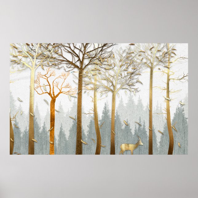 3d illustration, grey and gold contours of trees,  poster (Front)