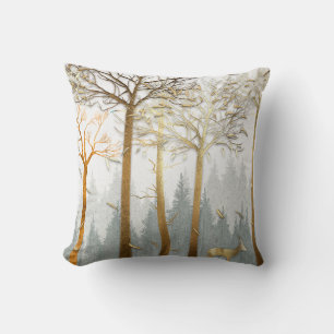 3d illustration, grey and gold contours of trees,  throw pillow