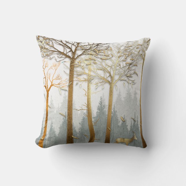 3d illustration, grey and gold contours of trees,  throw pillow (Front)