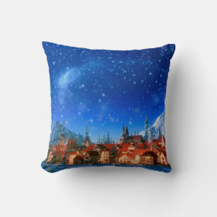 3d illustration of small alpine village at dawn. S Throw Pillow