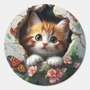 3D image of a cute little kitten peeking out Classic Round Sticker
