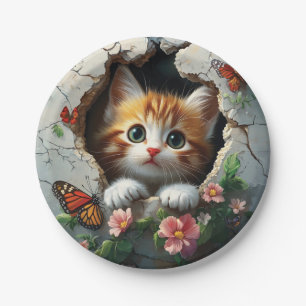 3D image of a cute little kitten peeking out Paper Plate