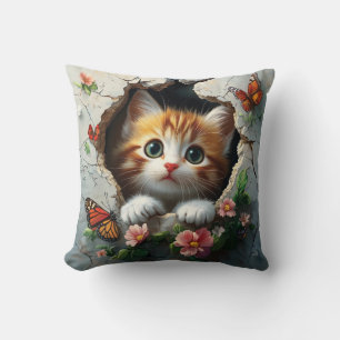 3D image of a cute little kitten peeking out  Throw Pillow