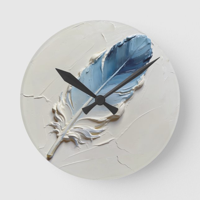 ⁠3D Impasto Texture Blue Feather Elegant Modern⁠ Round Clock (Front)