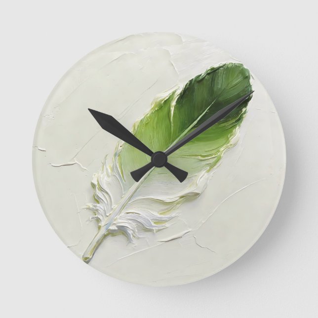 3D Impasto Texture Green Feather Elegant Modern⁠ Round Clock (Front)