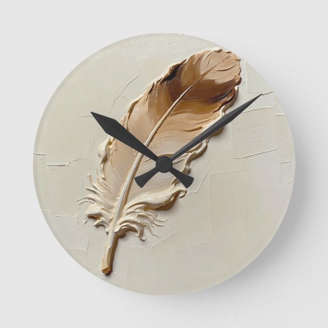 ⁠3D Impasto Texture Taupe Feather Elegant Modern⁠ Round Clock (Front)