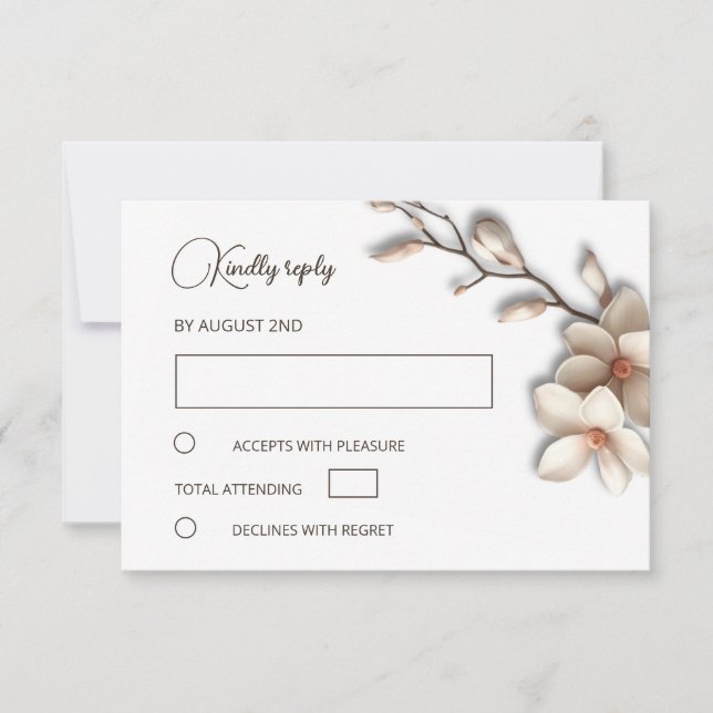 3D Ivory Magnolia Simple Wedding RSVP Card (Front)