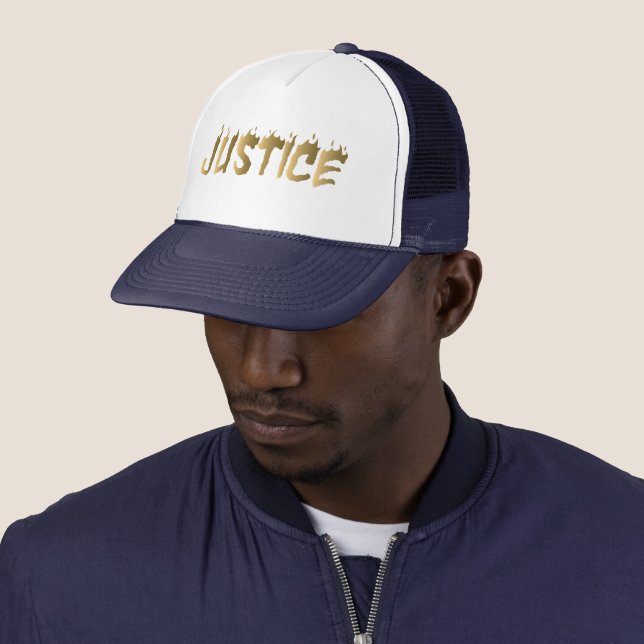 3D Justice Gold Burning Lettering Trucker Hat (In Situ)