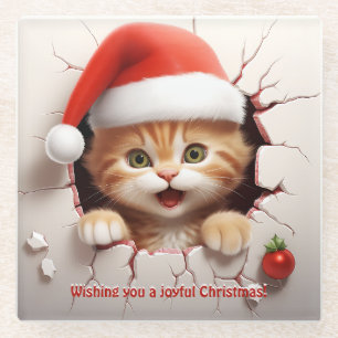 3D Kitten Christmas   Glass Coaster