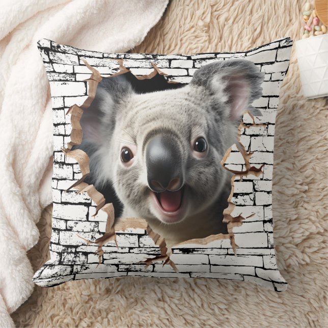 3D Koala Wall Break Art – Realistic Safari Throw Pillow (Blanket)