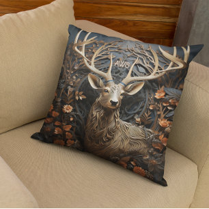 3d Large Antler Buck Deer Rustic Monogram Throw Pillow