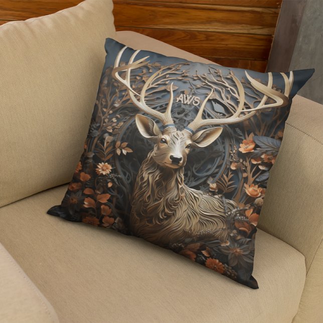 3d Large Antler Buck Deer Rustic Monogram Throw Pillow (Perfect for the old hunting cabin.)