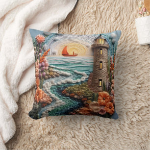 3D Lighthouse Scene Throw Pillow