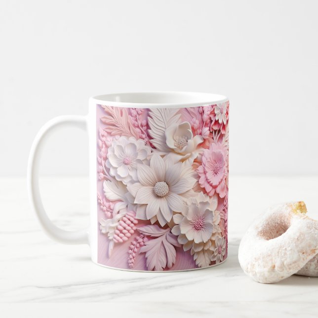 3D Looking Printed Pink Flowers Coffee Mug (With Donut)