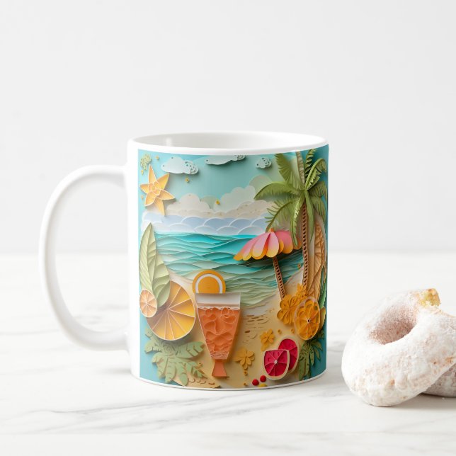 3D Looking Printed Tropical Beach Coffee Mug (With Donut)