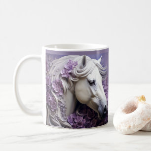 3D Looking Printed White Horse Purple Flowers Coffee Mug