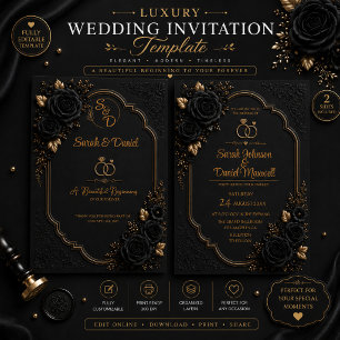 3D Luxury Black Gold Wedding Invitation Template