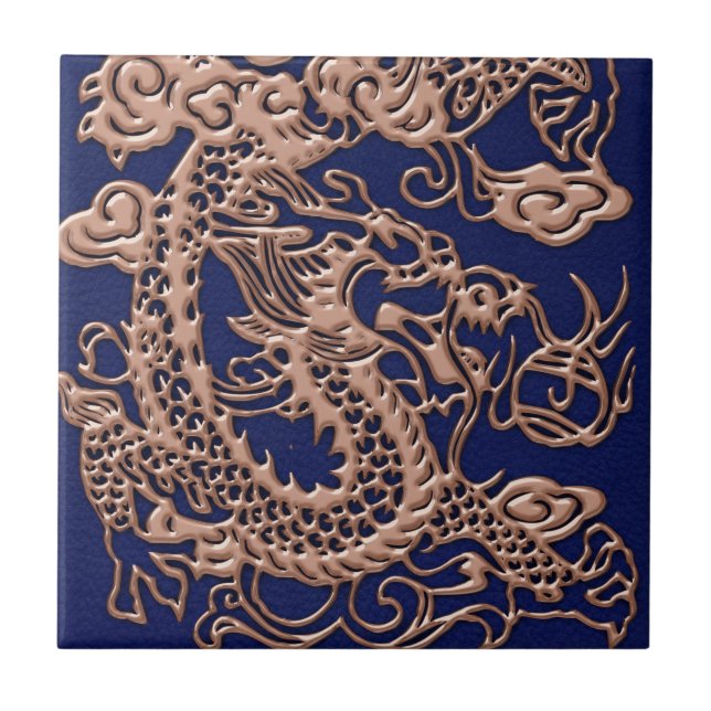 3D Metallic Dragons on royal blue Leather Print Tile (Front)
